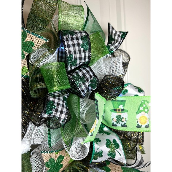 Handmade St. Patrick’s Day Lucky and Gnome it Ribbon Prelit Wreath 22 in LED W15 - Picture 9 of 12